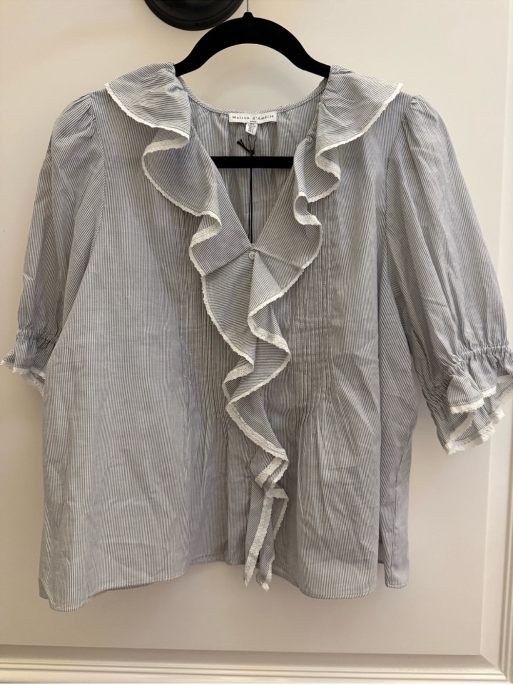 Maison D’Amelie Blue Stripe Ruffle Blouse